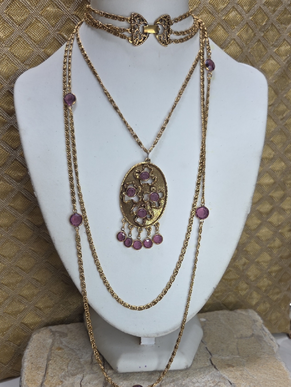 Vintage Signed Goldette Purple Glass Pendant Multi Strand Necklace